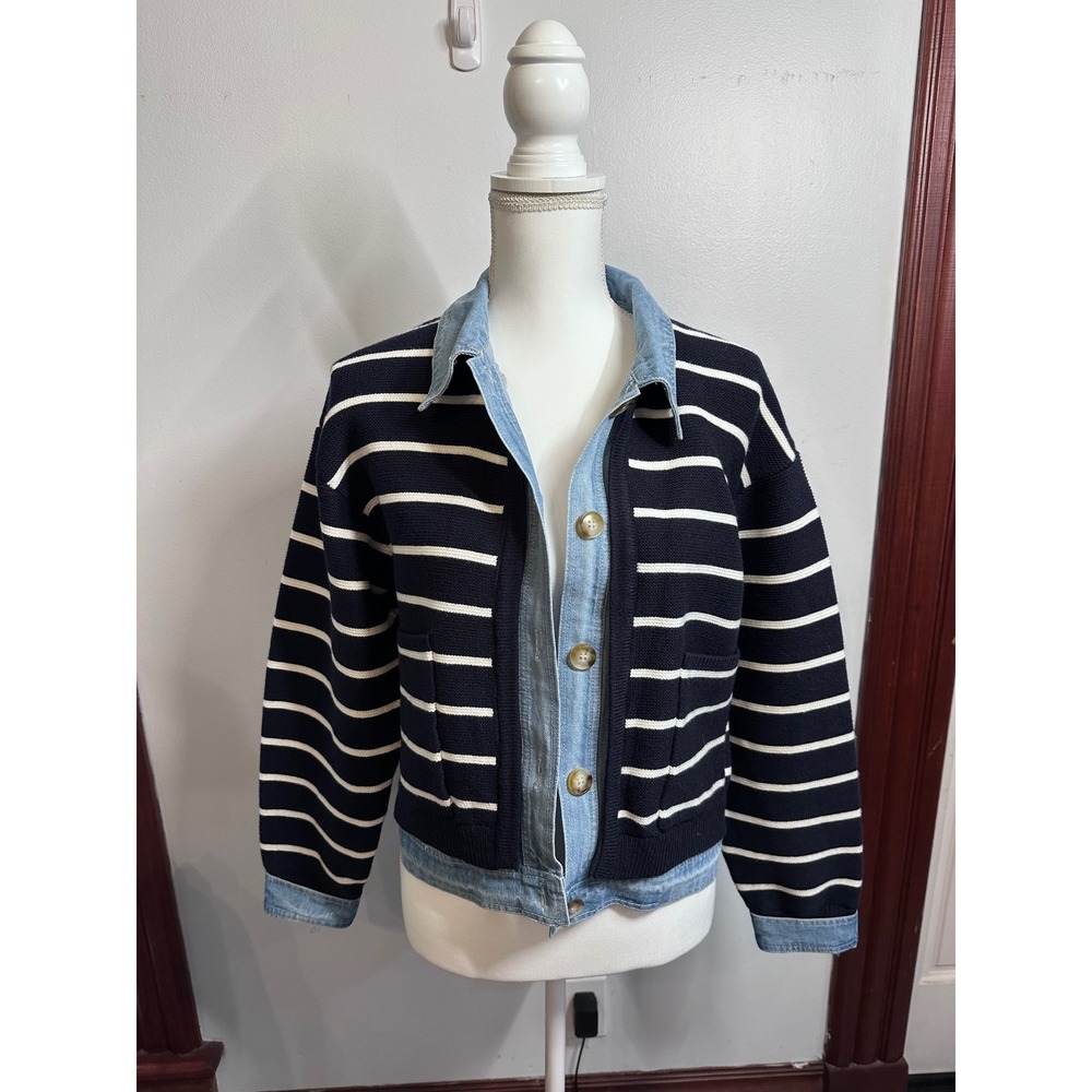 Mable Women Navy White Striped Denim Trim Hybrid Knit Jacket Sweater Medium